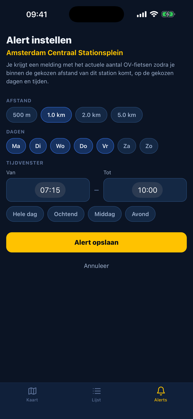 Alert instellen met afstand, dagen en tijdvenster