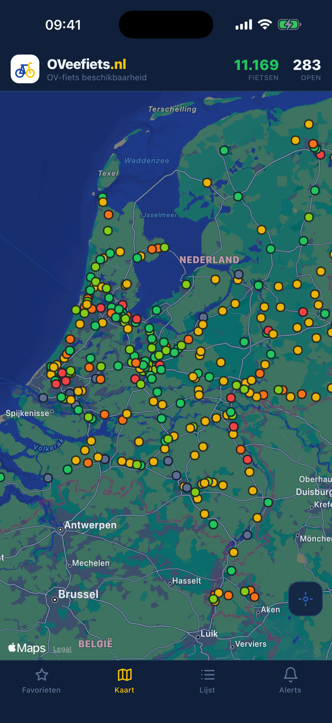 Kaart van Nederland met gekleurde stippen per OV-fietsstalling
